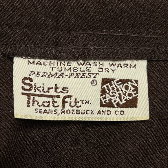 Vintage 70s Sears Perma Prest High Waisted Midi A Line Center Pleat Brown Skirt - Picture 2 of 4